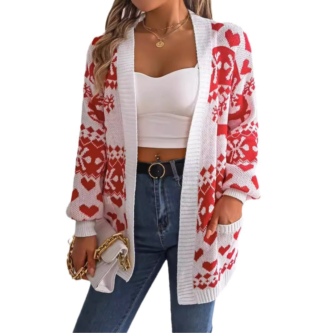 Christmas Deer Pocket Long-sleeve Cardigan Sweater Coat