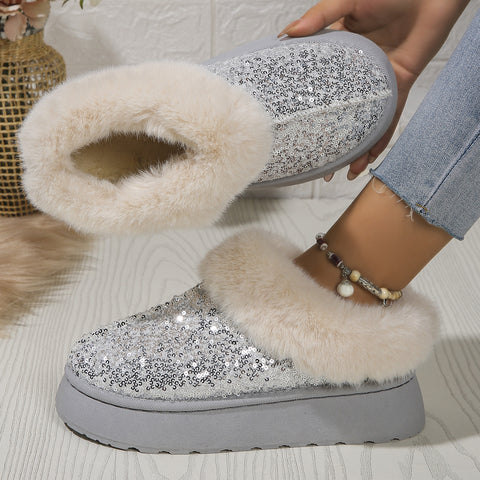 Fashion Sequined Thick-soled Plush Shoes