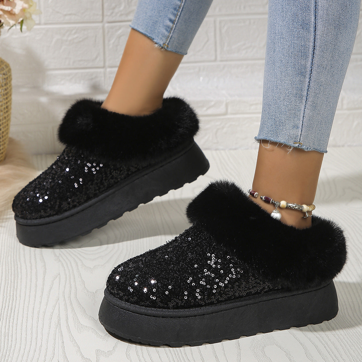 Fashion Sequined Thick-soled Plush Shoes