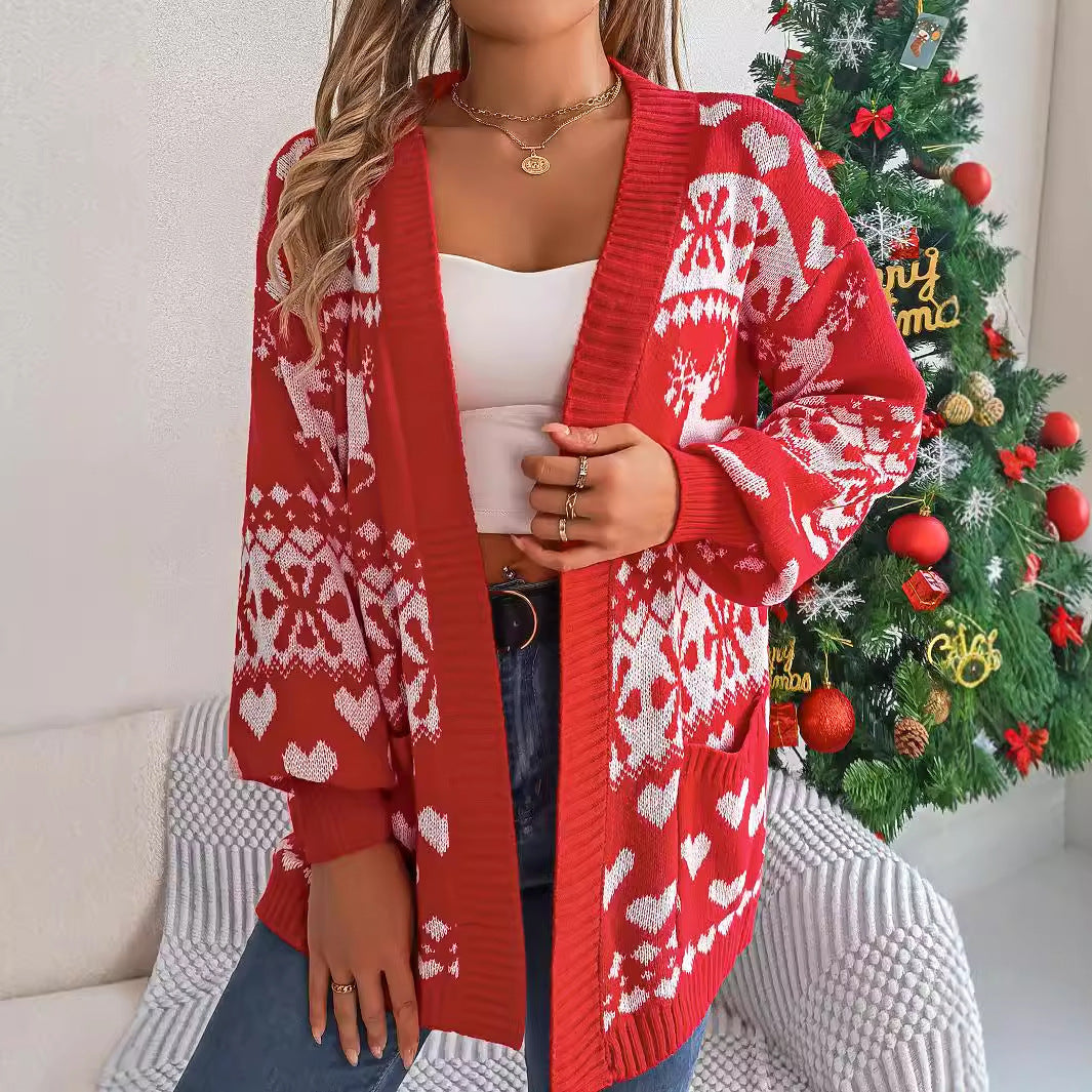 Christmas Deer Pocket Long-sleeve Cardigan Sweater Coat