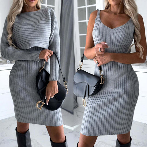 Women's Solid Stripe Long-sleeved Top And Tight Suspender Skirt (2pcs)